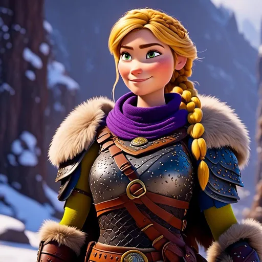 Prompt: <mymodel>CGi Animation, 25-year-old viking woman warrior with yellow eyes, a snowy scene, the viking woman has a subtle smile, hazel color hair, she has green gear, purple armor with bursts of gold textured splotches, black pants, black boots