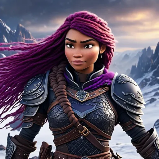 Prompt: <mymodel>animated CGI style, caucasian, purple hair, viking female warrior, detailed braided hair and battle scars, rugged and weathered armor, intense and determined gaze, snowy and rugged landscape, fierce, warrior, detailed hair, battle scars, snowy landscape, intense gaze, weathered armor, dramatic lighting