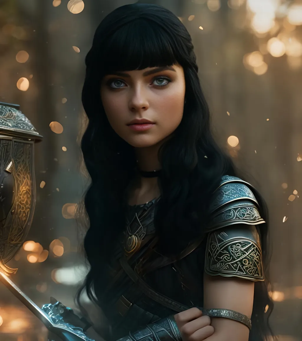 Prompt: she has black hair, create most beautiful fictional female viking princess warrior, black hair, light blue eyes, extremely detailed environment, detailed background, intricate, detailed skin, professionally color graded, photorealism, 8k, moody lighting