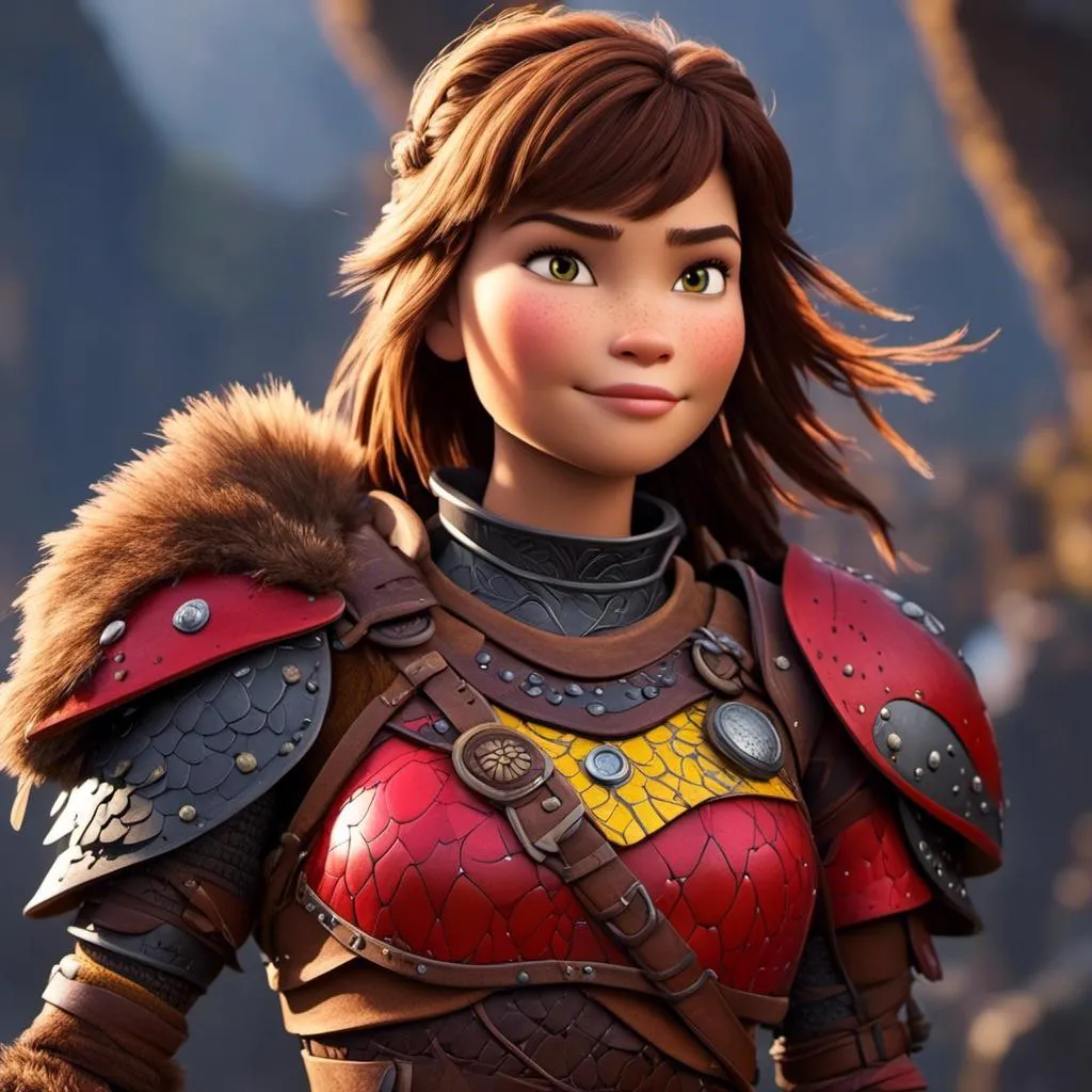 Prompt: <mymodel>CGI Animation of a viking female, brown hair, hazel eyes, bright red gear and armor, yellow highlights and textures, intricate details, high quality, digital painting, cool tones, dramatic lighting