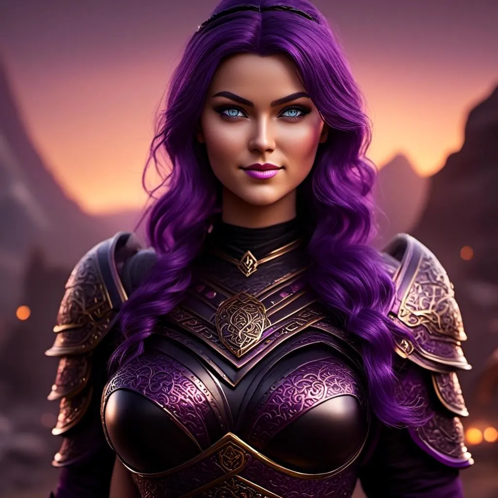 Prompt: <mymodel>CGi Animation, 25-year-old viking woman, subtle smile, light blue eyes, black gear, bright purple armor, black textures and highlights, unreal engine 8k octane, 3d lighting, full body, full armor