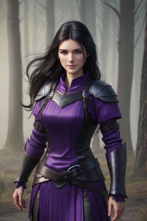 Prompt: Digital Art, 25-year-old viking woman, purple gear, purple clothes, subtle smile, black straight hair, dark purple eyes, a dark purple long-sleeve shirt, textured skirt down to knees, dark purple pants, dark purple armor, long black hair with volume, middle part in hair, leather boots, dark purple gear, unreal engine 64k octane, hdr, 3d lighting, full body, full armor