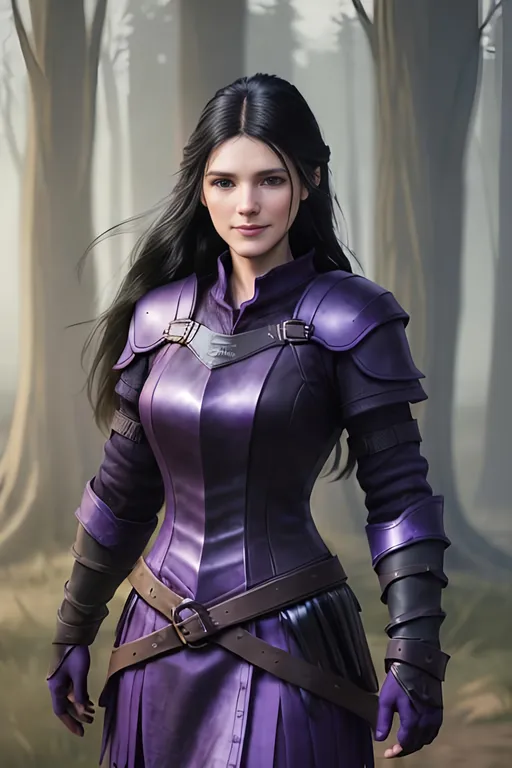 Prompt: Digital Art, 25-year-old viking woman, purple gear, purple clothes, subtle smile, black straight hair, dark purple eyes, a dark purple long-sleeve shirt, textured skirt down to knees, dark purple pants, dark purple armor, long black hair with volume, middle part in hair, leather boots, dark purple gear, unreal engine 64k octane, hdr, 3d lighting, full body, full armor