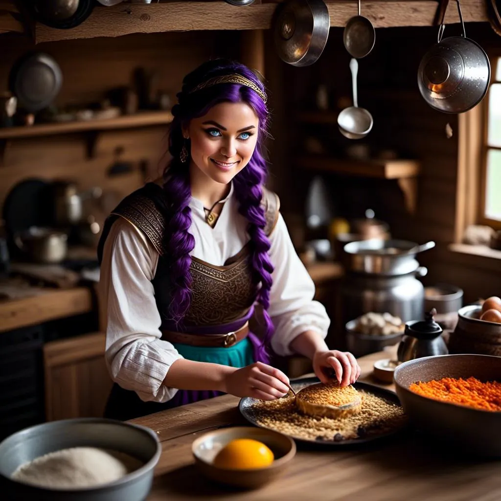 Prompt: Photo of <mymodel> working in the kitchen preparing food in her viking house, she has light blue eyes