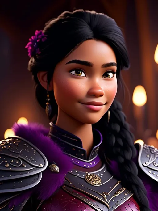 Prompt: <mymodel>CGI Animation, digital art, 20-year-old-old viking woman of royalty standing in The Great Hall on the Isle of Berk, {{black gear, purple armor}}, black hair, single braid down her shoulder with a tiara, subtle smile, unreal engine 8k octane, 3d lighting, close up camera shot on the face, full armor