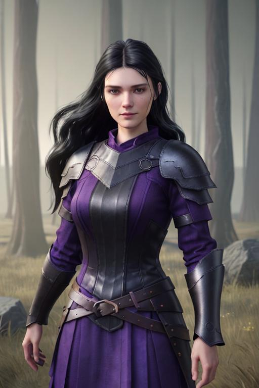 Prompt: Digital Art, 25-year-old viking woman, subtle smile, black straight hair, dark purple eyes, a dark purple long-sleeve shirt, textured skirt down to knees, dark purple pants, dark purple armor, long black hair with volume, middle part in hair, leather boots, dark purple gear, unreal engine 64k octane, hdr, 3d lighting, full body, full armor