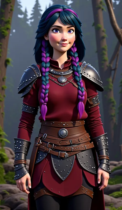 Prompt: <mymodel>CGI Animation, digital art, 20-year-old-old viking woman with violet eyes, Dark red Long sleeve shirt, skirt with dragon teeth on it, wears the snow wraith hood, ((dark dark blue hair with teal, pink and purple streaks)), standing win a forest, subtle smile, unreal engine 8k octane, 3d lighting, close up camera shot on the face, full armor