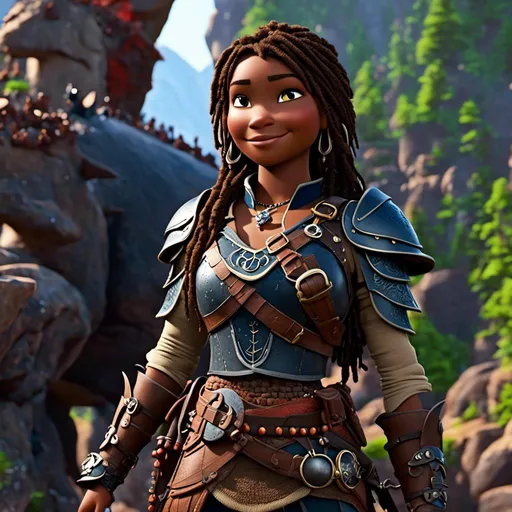 Prompt: <mymodel>CGI Animation, 20-year-old-old pirate woman, brown gear, silver armor, brunette hair, dreadlocks, subtle smile, beads hair, small red earrings, multiple braids, straight hair, blue eyes, bracelets, rings on fingers, mercenary gear, unreal engine 8k octane, 3d lighting, full body, full armor