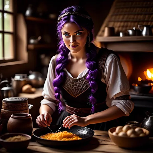 Prompt: Photo of <mymodel> working in the kitchen preparing food in her viking house, she has light blue eyes