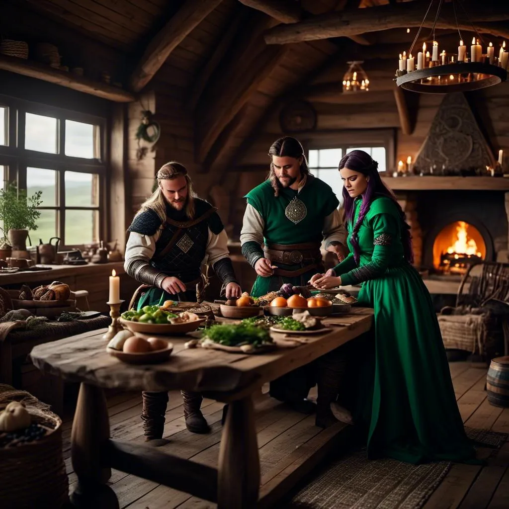 Prompt: Photo of a young <mymodel> setting the supper table with her husband a young Jarl Mollerson with green clothes in their viking house