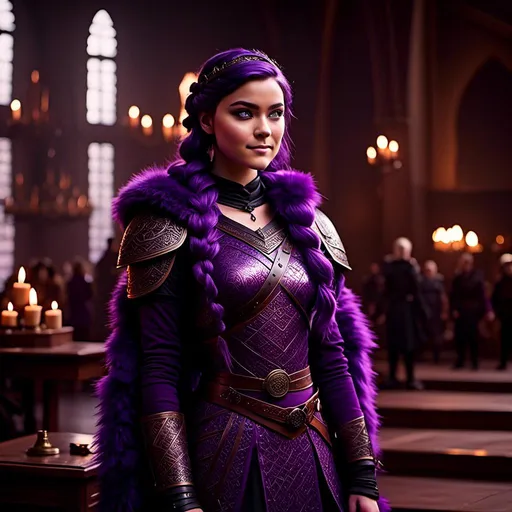 Prompt: A photo of <mymodel> with a heavy purple fur tunic in The Great Hall from How to Train Your Dragon, ((she has a single hair braid down her shoulder))