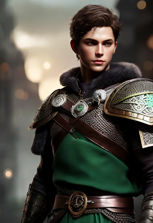 Prompt: he has short brown hair, slight smile, create most handsome fictional male prince viking warrior, short brown hair, light green eyes, extremely detailed environment, detailed background, intricate, detailed skin, professionally color graded, photorealism, 16k, moody lighting