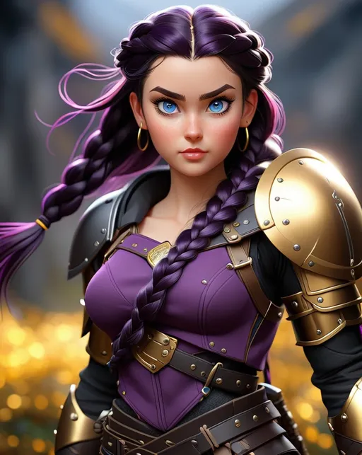 Prompt: Digital art, 20-year-old woman viking, dark purple hair, one braid, light blue eyes, black gear, gold armor, unreal engine 8k octane, 3d lighting, full body, full armor