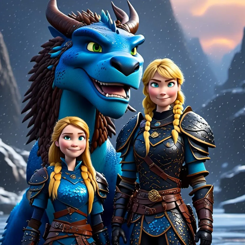 Prompt: <mymodel>CGi Animation, 20-year-old viking woman with blue eyes, a rainy scene, she is standing next to a bright blue dragon with gold highlights, they are both in the rain, the viking woman has a subtle smile, blonde hair in a ponytail style, she has blue gear, gold armor, black pants, black boots