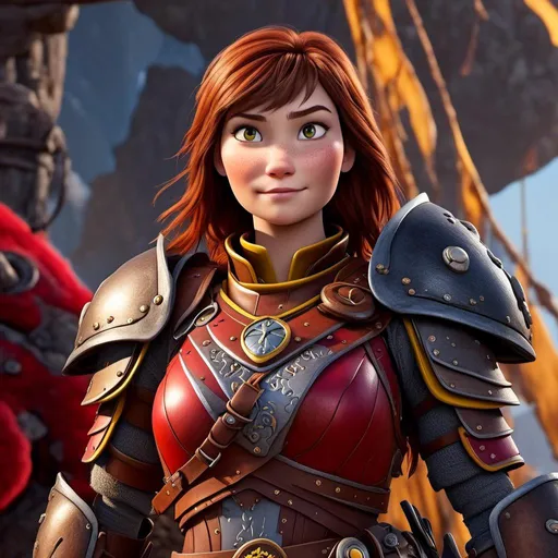 Prompt: <mymodel>CGI Animation of a viking female, brown hair, hazel eyes, bright red gear and armor, yellow highlights and textures, intricate details, high quality, digital painting, cool tones, dramatic lighting