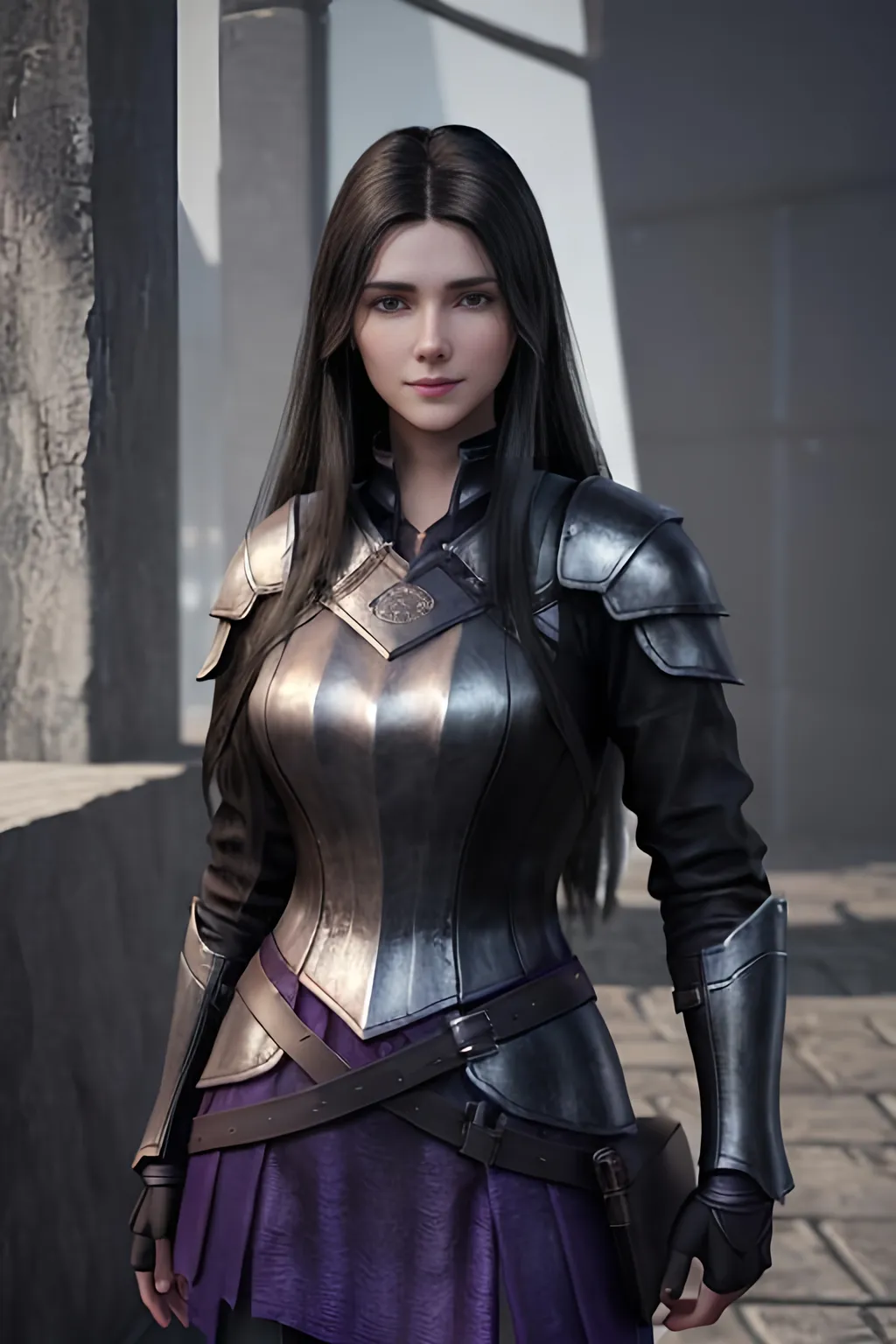 Prompt: Digital Art, 25-year-old viking woman, subtle smile, black straight hair, dark purple eyes, a dark purple long-sleeve shirt, textured skirt down to knees, dark purple pants, dark purple armor, long black hair with volume, middle part in hair, leather boots, dark purple gear, unreal engine 64k octane, hdr, 3d lighting, full body, full armor