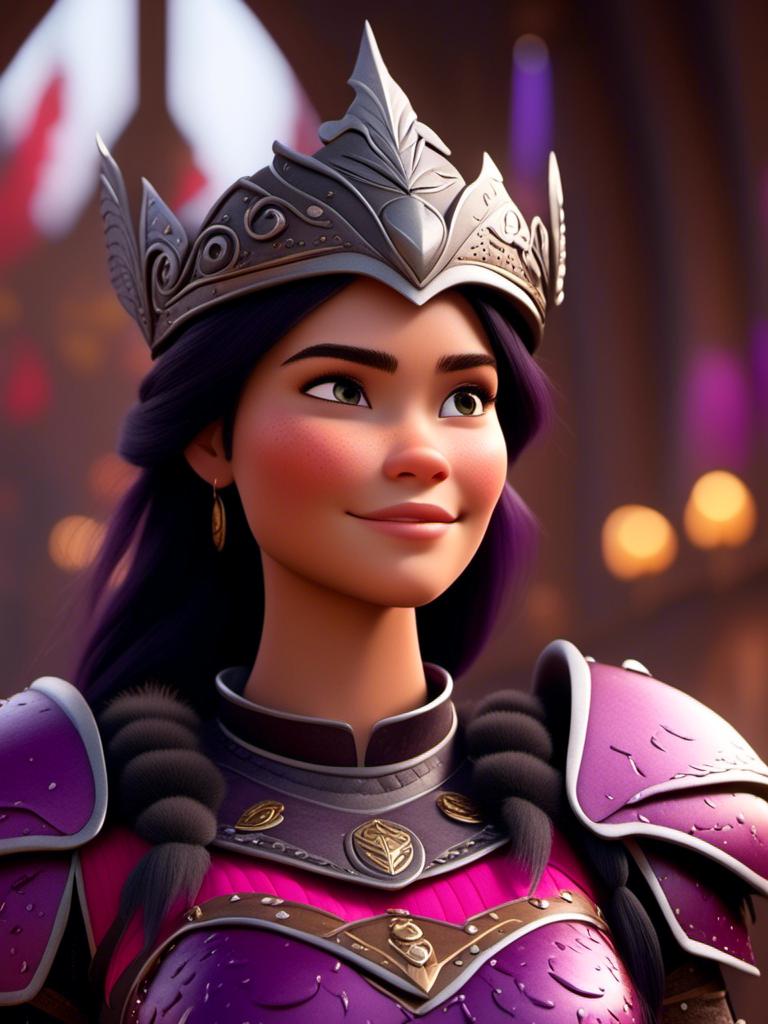 Prompt: <mymodel>CGI Animation, digital art, 20-year-old-old viking woman of royalty standing in The Great Hall on the Isle of Berk, {{purple gear, pink armor}}, black hair, straight hair with a tiara, subtle smile, unreal engine 8k octane, 3d lighting, close up camera shot on the face, full armor