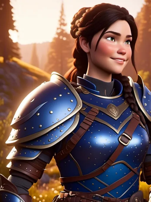 Prompt: <mymodel>Digital art, 18-year-old viking woman, subtle smile, cobalt blue gear, cobalt blue armor, brunette hair, two braids, dark brown eyes, unreal engine 8k octane, 3d lighting, full body, full armor