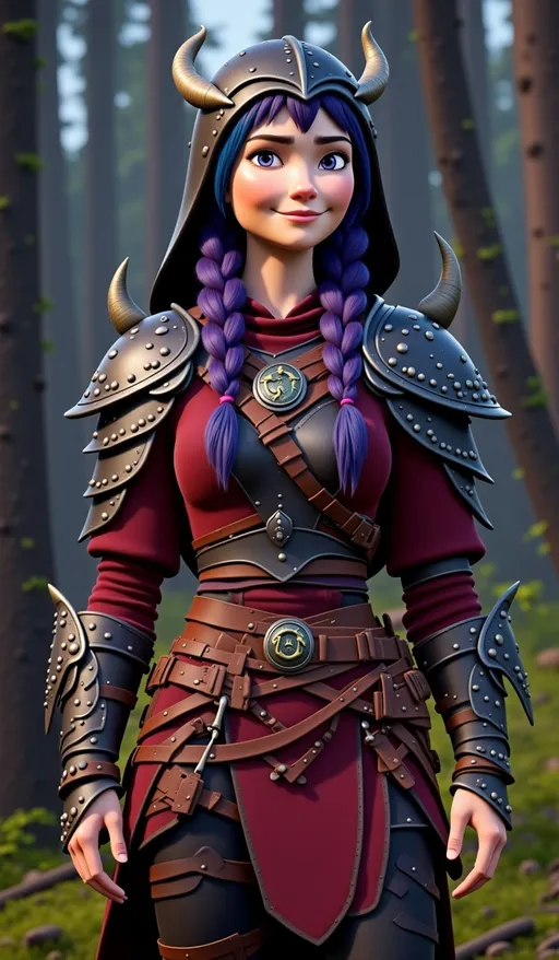 Prompt: <mymodel>CGI Animation, digital art, 20-year-old-old viking woman with violet eyes, Dark red Long sleeve shirt, skirt with dragon teeth on it, wears the snow wraith hood, ((dark dark blue hair with teal, pink and purple streaks)), standing win a forest, subtle smile, unreal engine 8k octane, 3d lighting, close up camera shot on the face, full armor