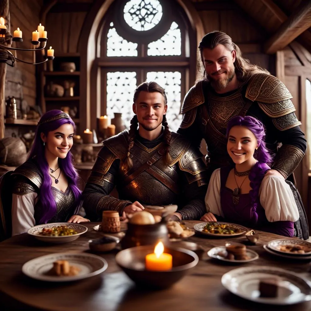 Prompt: Photo of a young <mymodel> sitting at the supper table with her husband a young Jarl Mollerson, he has short brown hair and no beard, they are in their viking house