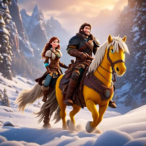 Prompt: <mymodel>CGI Animation, 20-year-old pirate man, rides a pale yellow horse through the snowy, a snowy scene, {{brown gear, silver armor}}, brunette hair, dreadlocks, subtle smile, beads hair, multiple braids, straight hair, blue eyes, bracelets, rings on fingers, mercenary gear, unreal engine 8k octane, 3d lighting, full body, full armor