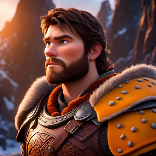 Prompt: <mymodel>Animated CGI style of a fierce 24-year-old Caucasian Viking with dark hair, light body build, intense gaze, realistic (yellow light armor) with highlights of orange textures, high quality, CGI, realistic, intense gaze, viking, male, Caucasian, detailed facial features, highres, professional, intense lighting