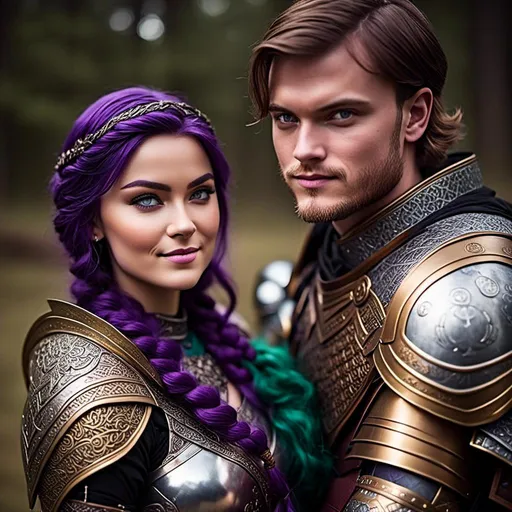 Prompt: Photo of <mymodel> standing next to her young husband Jarl Mollerson who has green gear and silver armor and brown hair