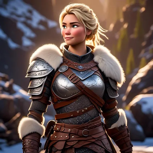 Prompt: digital CGI art of <mymodel>, 27-year-old modest Young woman viking, white gear, she has two iron frying pans to use as weapons, blonde hair, Quite well-built and lean muscled, green gold eyes, assassin's creed Valhalla armor, very short curly blonde hair