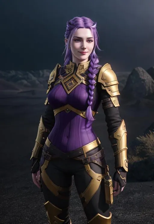 Prompt: Digital art, 20-year-old woman viking, subtle smile, dark purple hair, one braid, light blue eyes, black gear, gold armor, unreal engine 8k octane, 3d lighting, full body, full armor