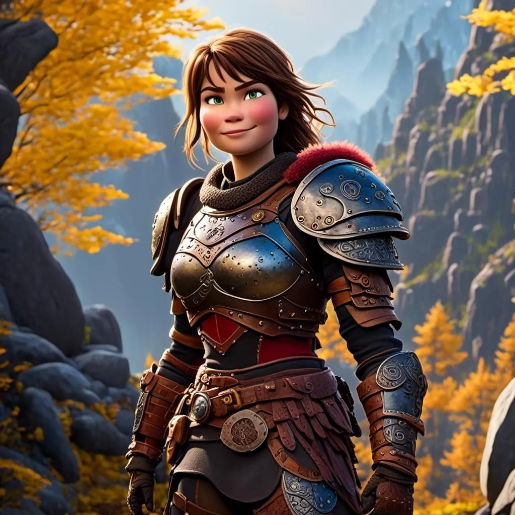 Prompt: <mymodel>CGI Animation of a viking female, brown hair in her face, hazel eyes, bright red gear and armor, yellow highlights and textures, full body armor, she has heavy gauntlets on her hands with armored gloves, standing in a viking village, intricate details, high quality, digital painting, cool tones, dramatic lighting