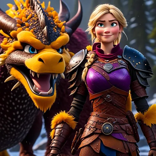 Prompt: <mymodel>CGi Animation, 20-year-old viking woman with blue eyes, a rainy scene, the viking woman has a subtle smile, blonde hair, she has blue gear, yellow armor, black pants, black boots, she is standing next to a bright blue dragon with purple highlights, unreal engine 8k octane, 3d lighting, full body, full armor
