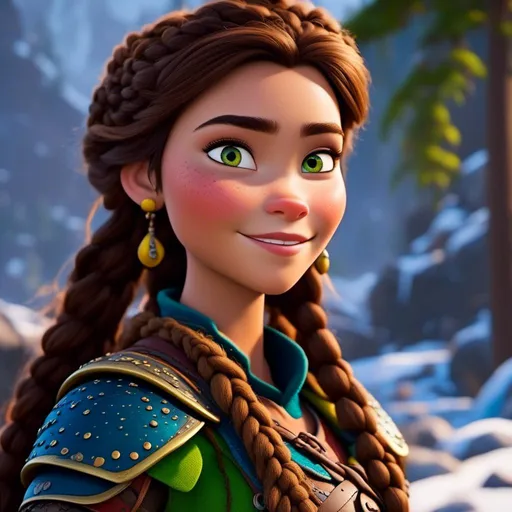 Prompt: <mymodel>CGI Animation, close up camera shot on the face, 20-year-old-old pirate woman, a snowy scene, {{yellow gear, blue armor}}, brunette hair, dreadlocks, subtle smile, beads hair, small red earrings, multiple braids, yellow gear, straight hair, green eyes, bracelets, rings on fingers, mercenary gear, unreal engine 8k octane, 3d lighting, close up camera shot on the face, full armor