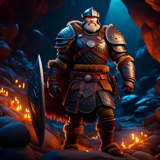 Prompt: <mymodel>Animated CGI style, male viking with a helmet, bright colored armor and gear, standing in a dimly lit cave, realistic textures, high quality, vibrant color palette, atmospheric lighting