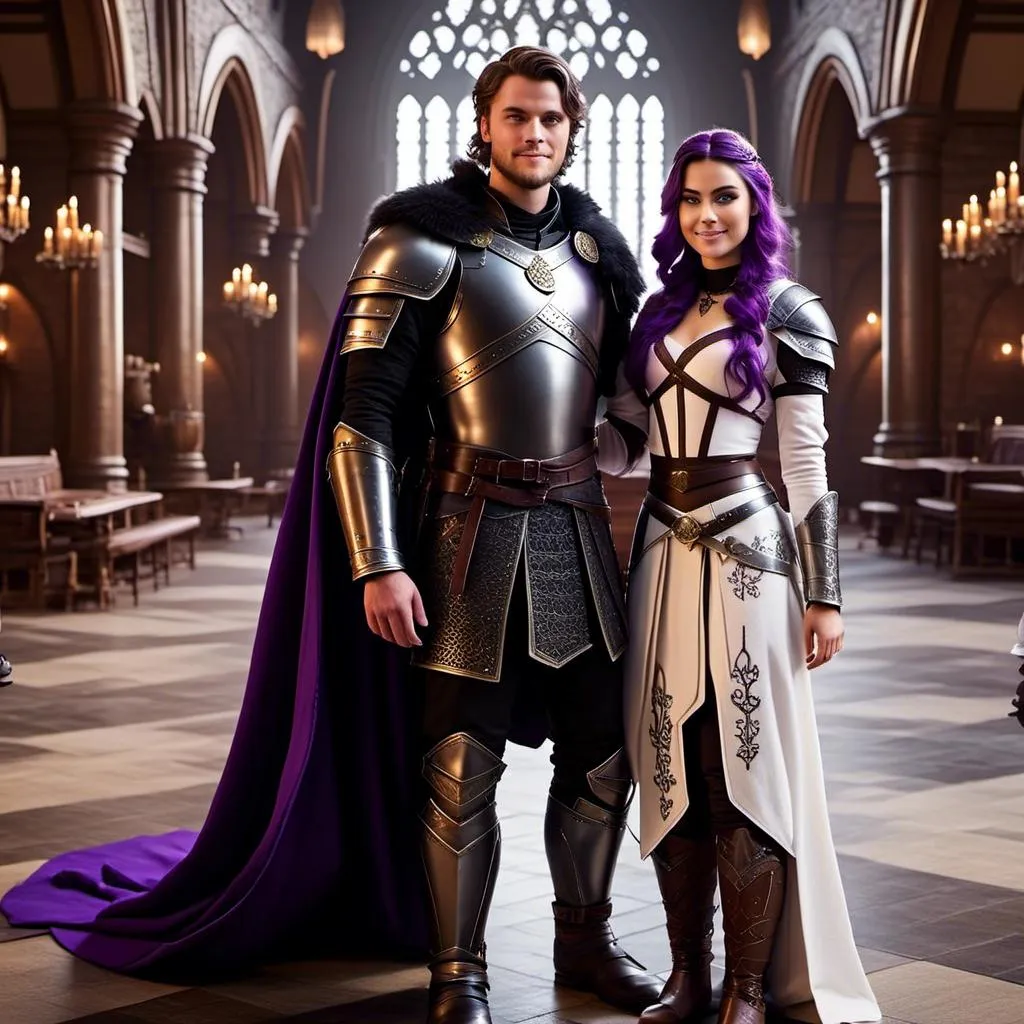 Prompt: Photo of <mymodel> standing in The Great Hall from How to Train Your Dragon with her husband Jarl Everson who is 24-years old who has brown (((short))) wavy hair