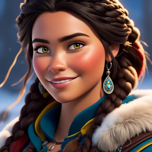 Prompt: <mymodel>CGI Animation, close-up portrait of the face, 20-year-old-old pirate viking woman sitting on a snow bank, a snowy scene, {{yellow gear, blue armor}}, black hair, braided beads pulled back for straight hair, subtle smile, beads hair, small red earrings, multiple braids, yellow gear, straight hair, green eyes, bracelets, rings on fingers, mercenary gear, unreal engine 8k octane, 3d lighting, close up camera shot on the face, full armor