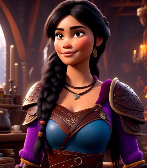 Prompt: <mymodel>CGI Animation, digital art, 20-year-old-old viking woman with {{{{light blue eyes}}}}, she is standing in her library, she is of royalty, {{black gear, purple armor}}, black hair with purple strands, single braid down her shoulder with a tiara, subtle smile, unreal engine 8k octane, 3d lighting, close up camera shot on the face, full armor