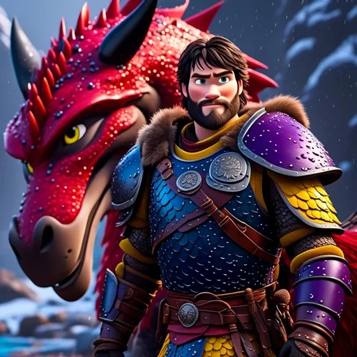 Prompt: <mymodel>CGi Animation, 20-year-old viking man with blue eyes, a rainy scene, the viking man has a subtle smile, black hair, he has red gear, yellow armor with bursts of purple splotches, black pants, black boots, he is standing next to a bright red dragon with purple highlights, they are both in the rain