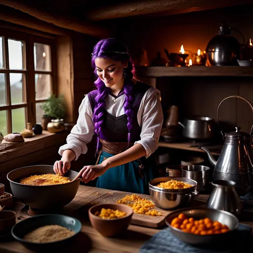 Prompt: Photo of <mymodel> working in the kitchen preparing food in her viking house, she has light blue eyes