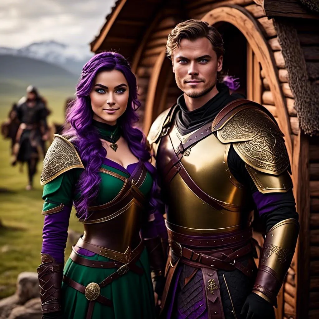 Prompt: Photo of <mymodel> standing in her hut with her husband Jarl Everson who is 24-years old who has brown (((short)) wavy hair and green gear