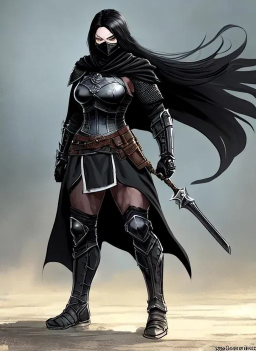 Prompt: Digital art, character of a sinister Viking woman wearing black armor, a long black cloak down to the feet, and an armored mask. The character is stocky and has a muscular build. The character should also be wearing a black helmet that fully encases her head, with no part of her face or eyes visible. The black helmet should have a ponytail holder that supports an artificial ponytail, made of synthetic fibers or any material you choose, coming out from the back.  Unreal Engine 8K Octane.  3d lighting.