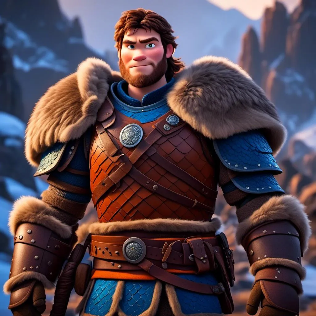 Prompt: <mymodel>Animated CGI style of a fierce 24-year-old Caucasian Viking with dark hair, light body build, intense gaze, realistic (bright blue armor) with highlights of orange textures, high quality, CGI, realistic, intense gaze, viking, male, Caucasian, detailed facial features, high res, professional, intense lighting