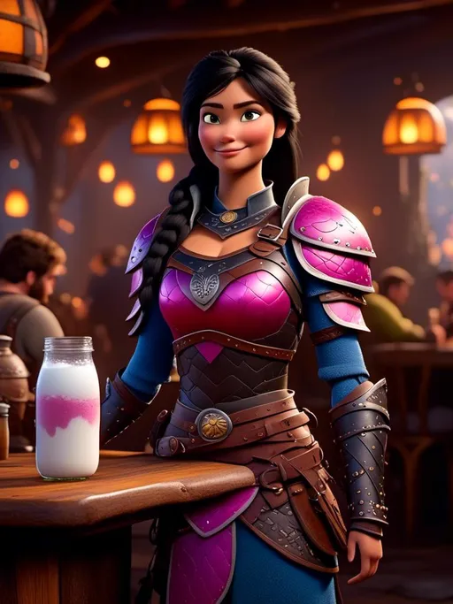 Prompt: <mymodel>CGI Animation, digital art, 20-year-old-old viking woman of royalty standing a busy tavern having a drink of milk, {{pink gear, blue armor}}, black hair, straight hair with a tiara, subtle smile, unreal engine 8k octane, 3d lighting, close up camera shot on the face, full armor