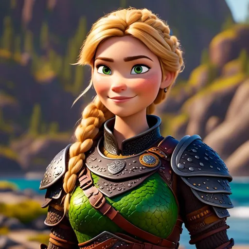 Prompt: <mymodel>CGi Animation, 25-year-old viking woman warrior with yellow eyes, a hot summer day at the beach, the viking woman has a subtle smile, hazel color hair, she has green gear, purple armor with bursts of gold textured splotches, black pants, black boots