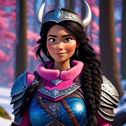 Prompt: <mymodel>CGI Animation, close-up portrait of the face, 20-year-old-old viking woman of royalty standing in the forest, a snowy scene, {{pink gear, blue armor}}, black hair, straight hair with a tiara, subtle smile, unreal engine 8k octane, 3d lighting, close up camera shot on the face, full armor