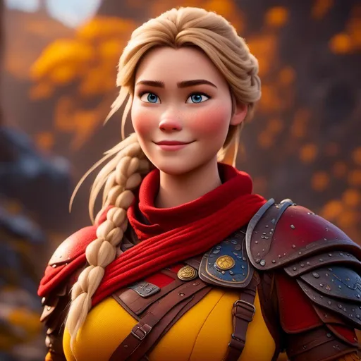 Prompt: <mymodel>CGi Animation, 20-year-old viking woman with one hair braid, subtle smile, blonde hair, blue eyes, blue gear, yellow armor, red clothes, yellow textures and highlights, unreal engine 8k octane, 3d lighting, full body, full armor