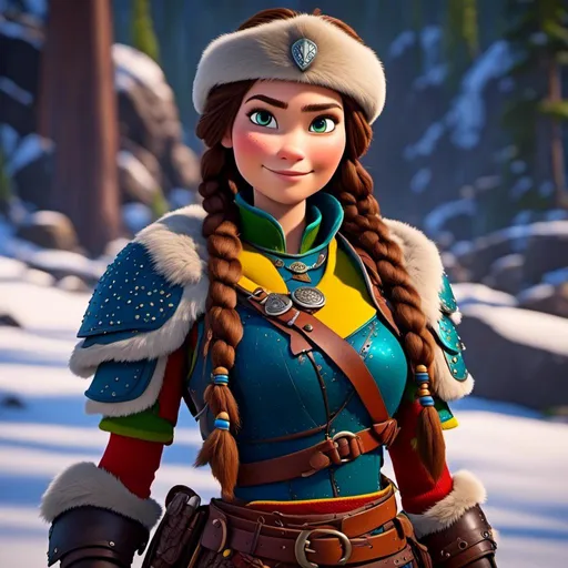 Prompt: <mymodel>CGI Animation, 20-year-old-old pirate woman, a snowy scene, {{yellow gear, blue armor}}, brunette hair, dreadlocks, subtle smile, beads hair, small red earrings, multiple braids, yellow gear, straight hair, green eyes, bracelets, rings on fingers, mercenary gear, unreal engine 8k octane, 3d lighting, close up camera shot on the face, full armor