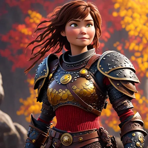 Prompt: <mymodel>CGI Animation of a viking female, brown hair in her face, hazel eyes, bright red gear and armor, yellow highlights and textures, full body armor, she has heavy gauntlets on her hands with armored gloves, standing in a viking village, intricate details, high quality, digital painting, cool tones, dramatic lighting