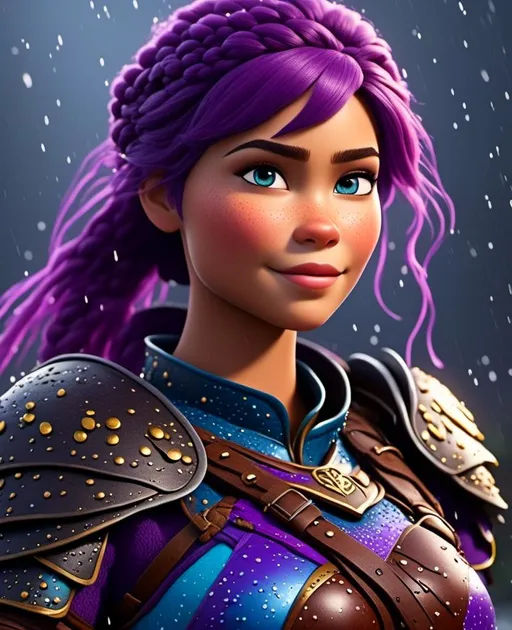 Prompt: Photo of <mymodel> standing in a heavy rain, viking warrior, {{((light blue eyes))}}, purple hair, single braid down her shoulder, purple gear, gold armor, purple pants, gold boots, full body shot, 16K unreal engine octane