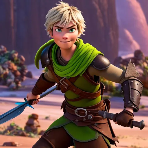 Prompt: <mymodel>CGI Animation, sinister viking boy, 18-year-old, chaotic evil, blonde short messy hair, no facial hair, neon green bandana scarf, dark brown, dark brown long-sleeve shirt, pants, leather armor, two daggers, dozen throwing knives