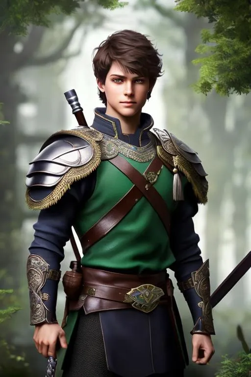 Prompt: he has short brown hair, slight smile, create most handsome fictional male prince viking warrior, short brown hair, light green eyes, extremely detailed environment, detailed background, intricate, detailed skin, professionally color graded, photorealism, 16k, moody lighting